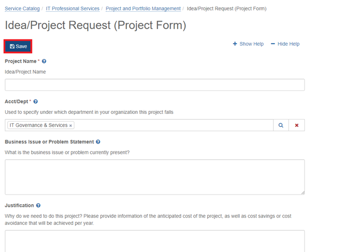 image of Save button on idea/project request form